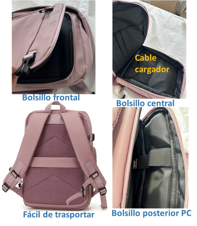 Mochila Viaje Cabina Avion 40x20x25 Apta para Ryanair - Travel Backpack Rosado Impermeable Hombre Mujer Viaje, Trabajo y Estudio