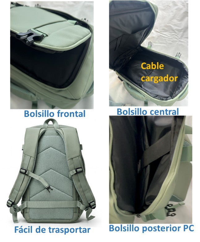 Mochila Viaje Cabina Avion 40x20x25 Apta para Ryanair - Travel Backpack Verde Impermeable Hombre Mujer Viaje, Trabajo y Estudio