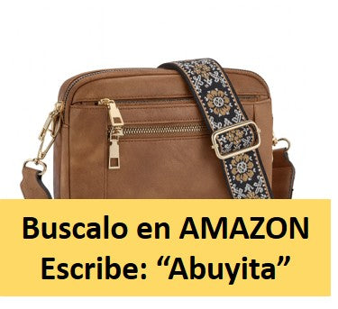 Bolso Bandolera para Mujer, Color Marrón, con Cinta Ajustable Estampada y Colgante Artesanal
