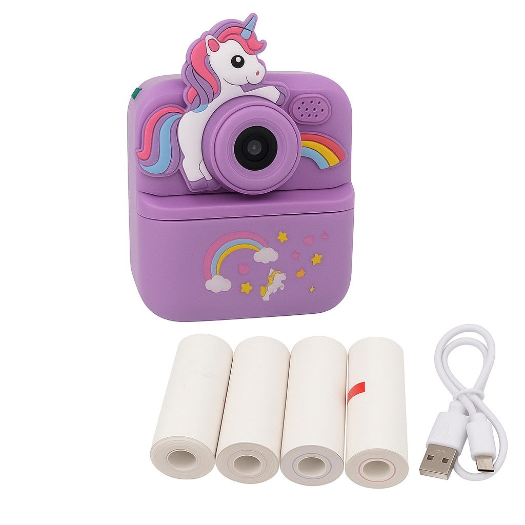 Cámara Infantil Instantánea Abuyita con Impresión Térmica, Juegos y Pantalla LCD 2.4'' Modelo Unicornio Morado