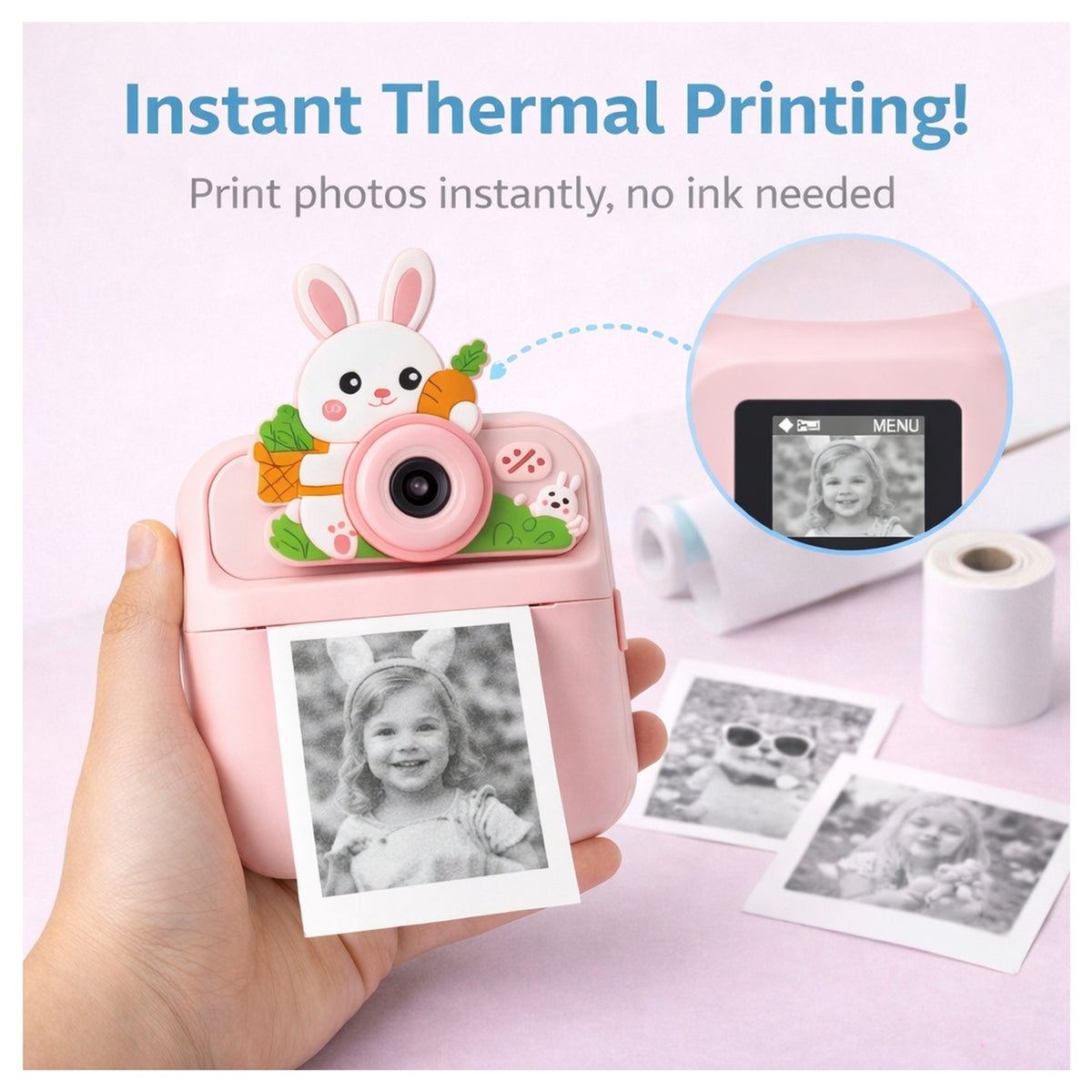 Cámara Infantil Instantánea Abuyita con Impresión Térmica, Juegos y Pantalla LCD 2.4'', Modelo Conejo Rosa
