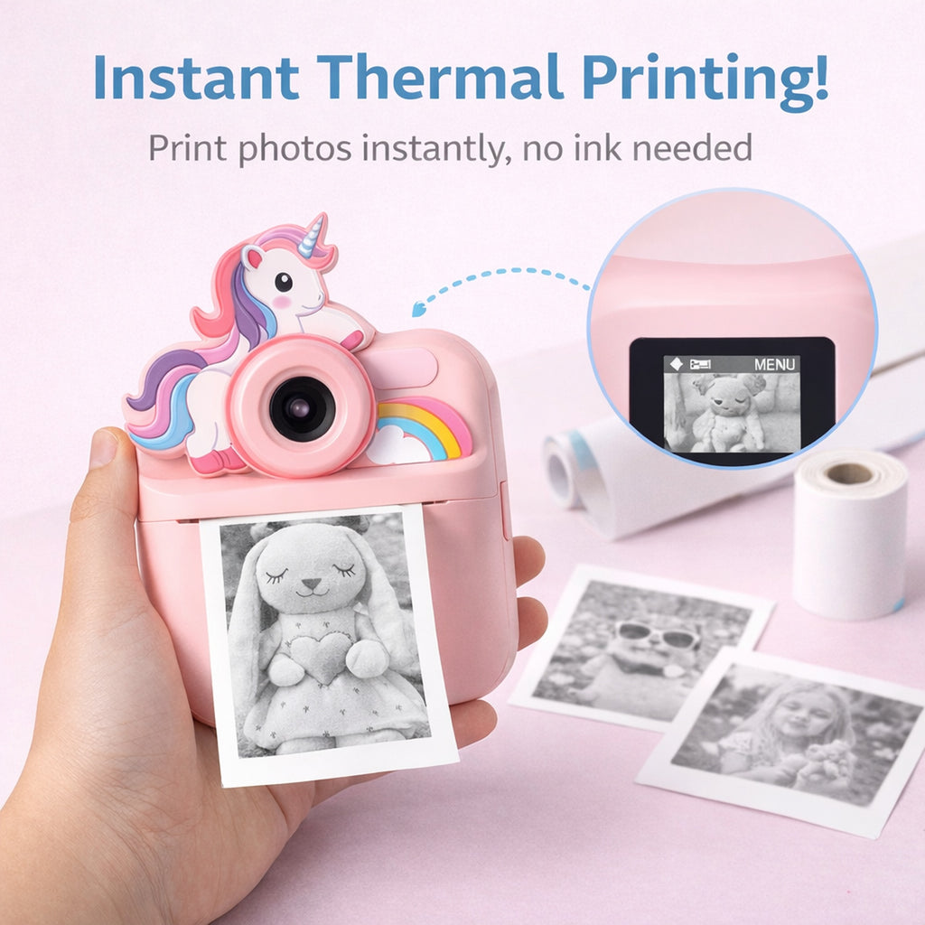 Cámara Infantil Instantánea Abuyita con Impresión Térmica, Juegos y Pantalla LCD 2.4''- Modelo Unicornio Rosado