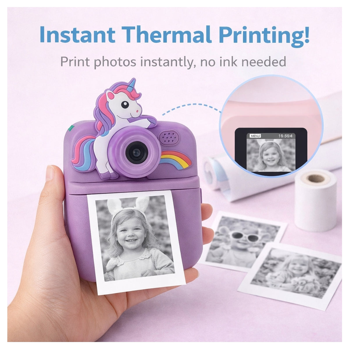 Cámara Infantil Instantánea Abuyita con Impresión Térmica, Juegos y Pantalla LCD 2.4'' Modelo Unicornio Morado