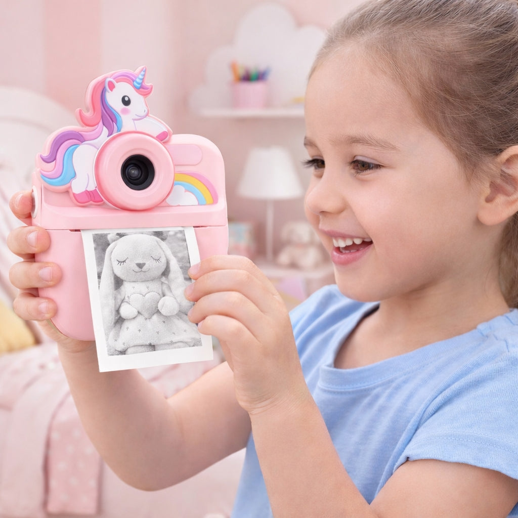 Cámara Infantil Instantánea Abuyita con Impresión Térmica, Juegos y Pantalla LCD 2.4''- Modelo Unicornio Rosado