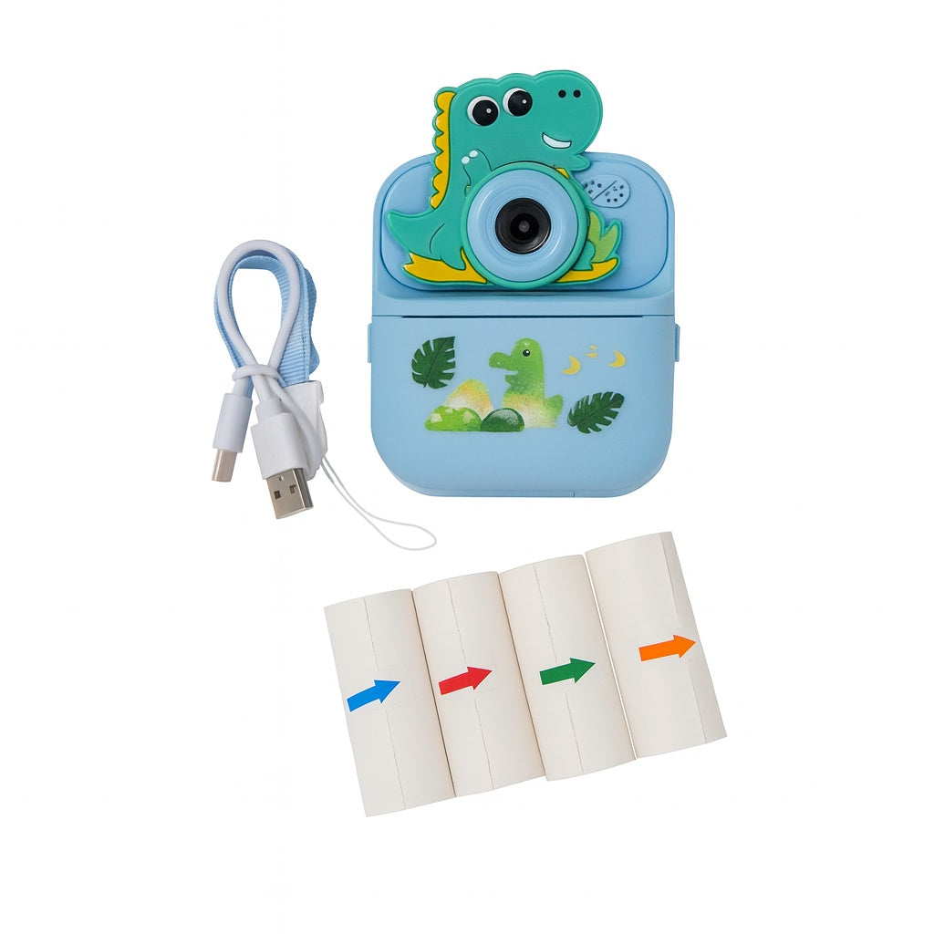 Cámara Infantil Instantánea Abuyita con Impresión Térmica, Juegos y Pantalla LCD 2.4'', Modelo Dinosaurio Azul.