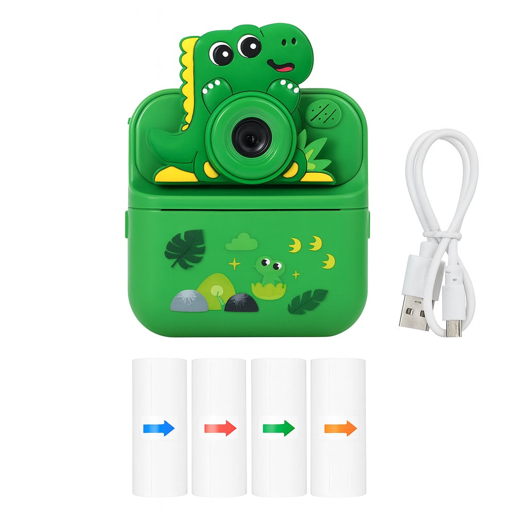 Cámara Infantil Instantánea Abuyita con Impresión Térmica, Juegos y Pantalla LCD 2.4'', Modelo Dinosaurio Verde