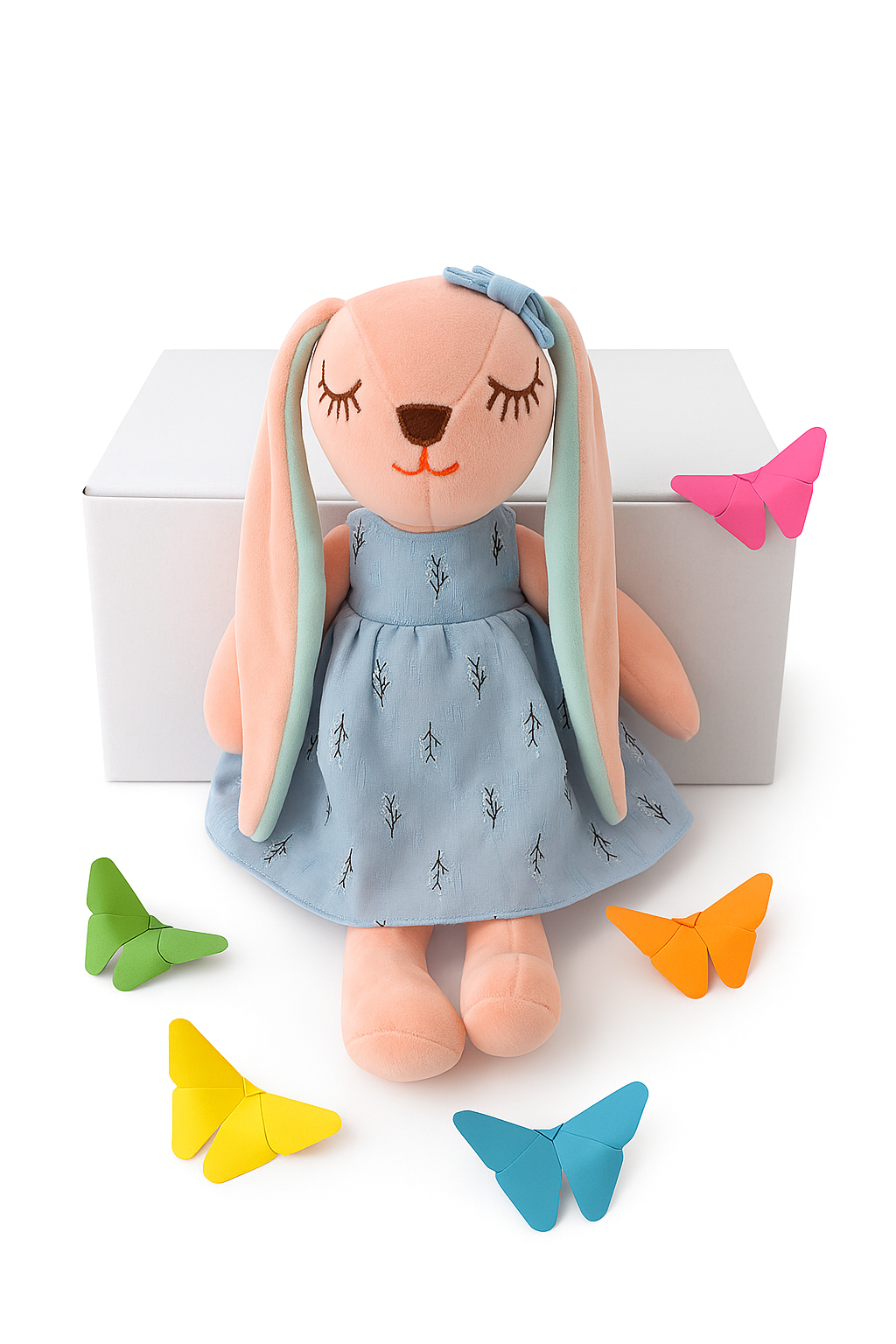 Conejita de Peluche “Comparte mis sueños” vestido azul con Mariposas Origami – Regalo Perfecto para Niñas