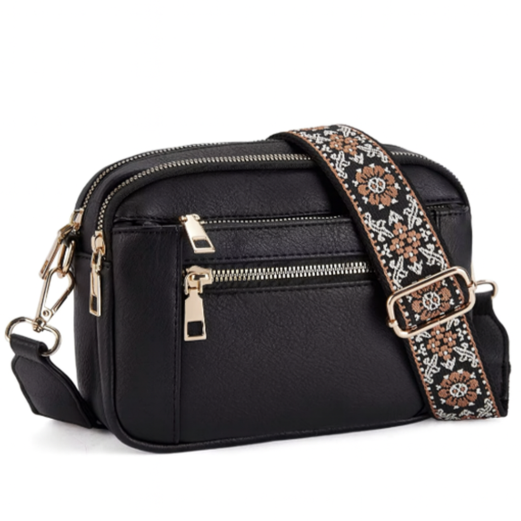 Bolso Bandolera para Mujer, Color Negro con Correa Ajustable Estampada a Juego y Colgante Artesanal