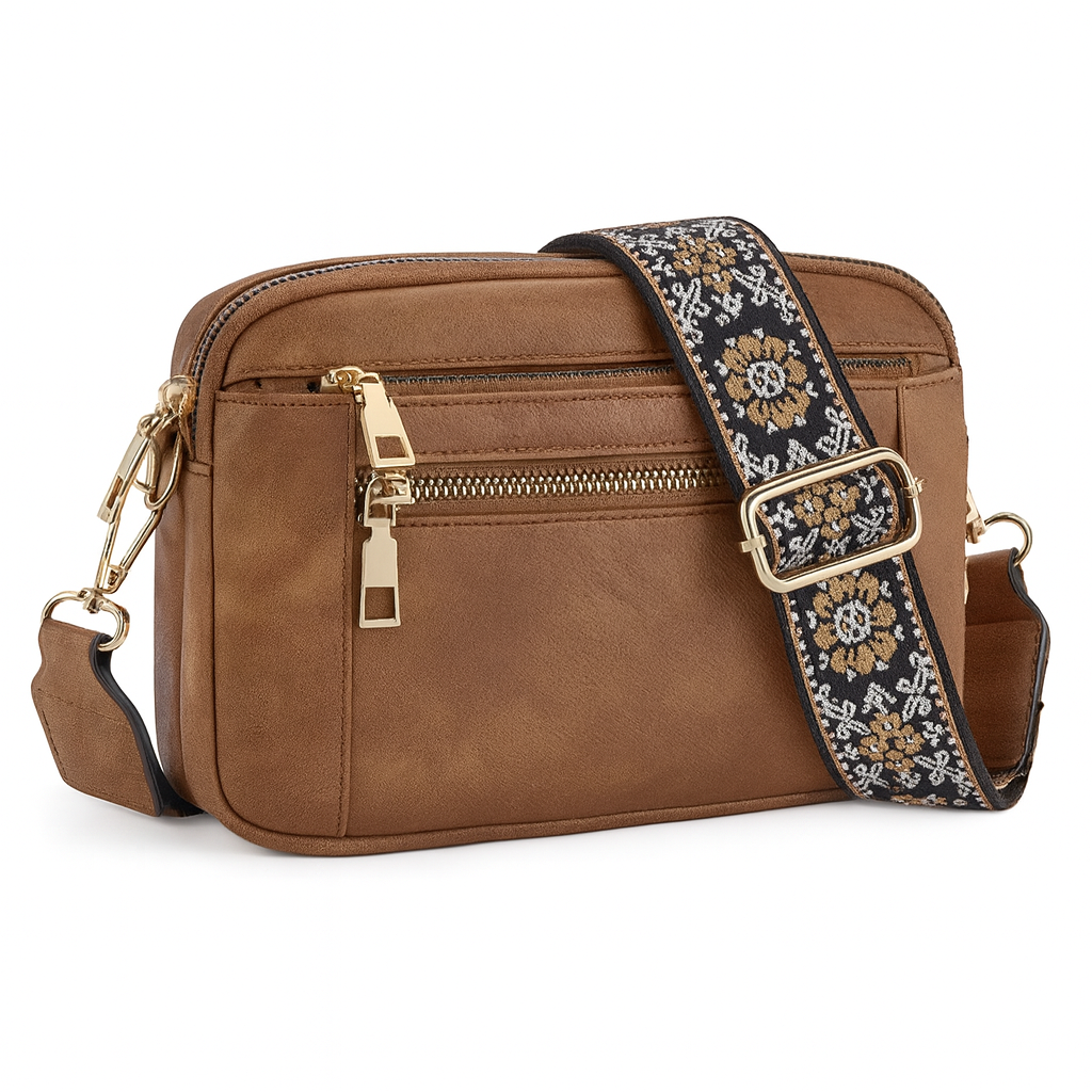 Bolso Bandolera para Mujer, Color Marrón, con Cinta Ajustable Estampada y Colgante Artesanal