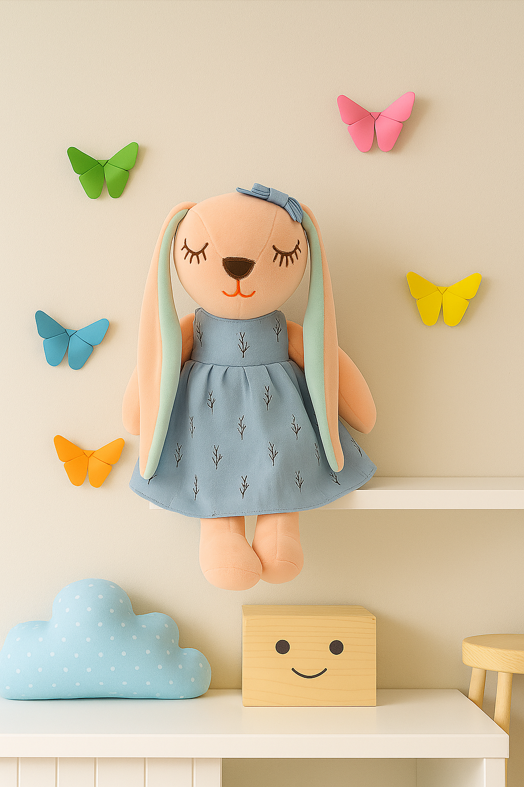 Conejita de Peluche “Comparte mis sueños” vestido azul con Mariposas Origami – Regalo Perfecto para Niñas