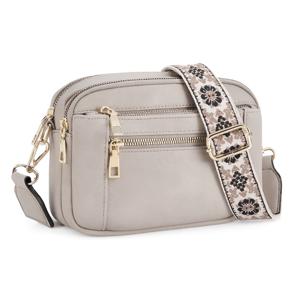 Bolso Bandolera para Mujer, Color Gris, con Cinta Ajustable Estampada y Colgante Artesanal