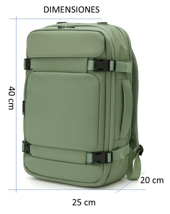 Mochila Viaje Cabina Avion 40x20x25 Apta para Ryanair - Travel Backpack Verde Impermeable Hombre Mujer Viaje, Trabajo y Estudio