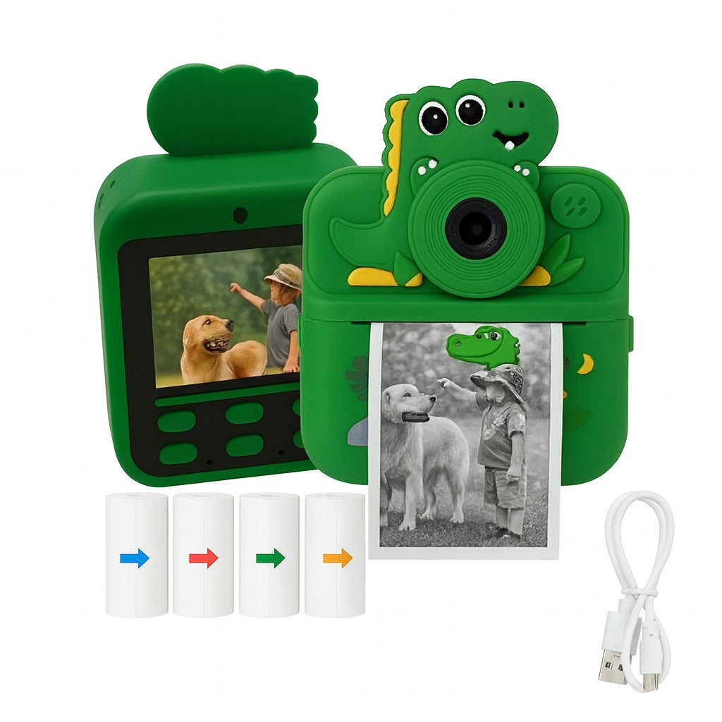Cámara Infantil Instantánea Abuyita con Impresión Térmica, Juegos y Pantalla LCD 2.4'', Modelo Dinosaurio Verde
