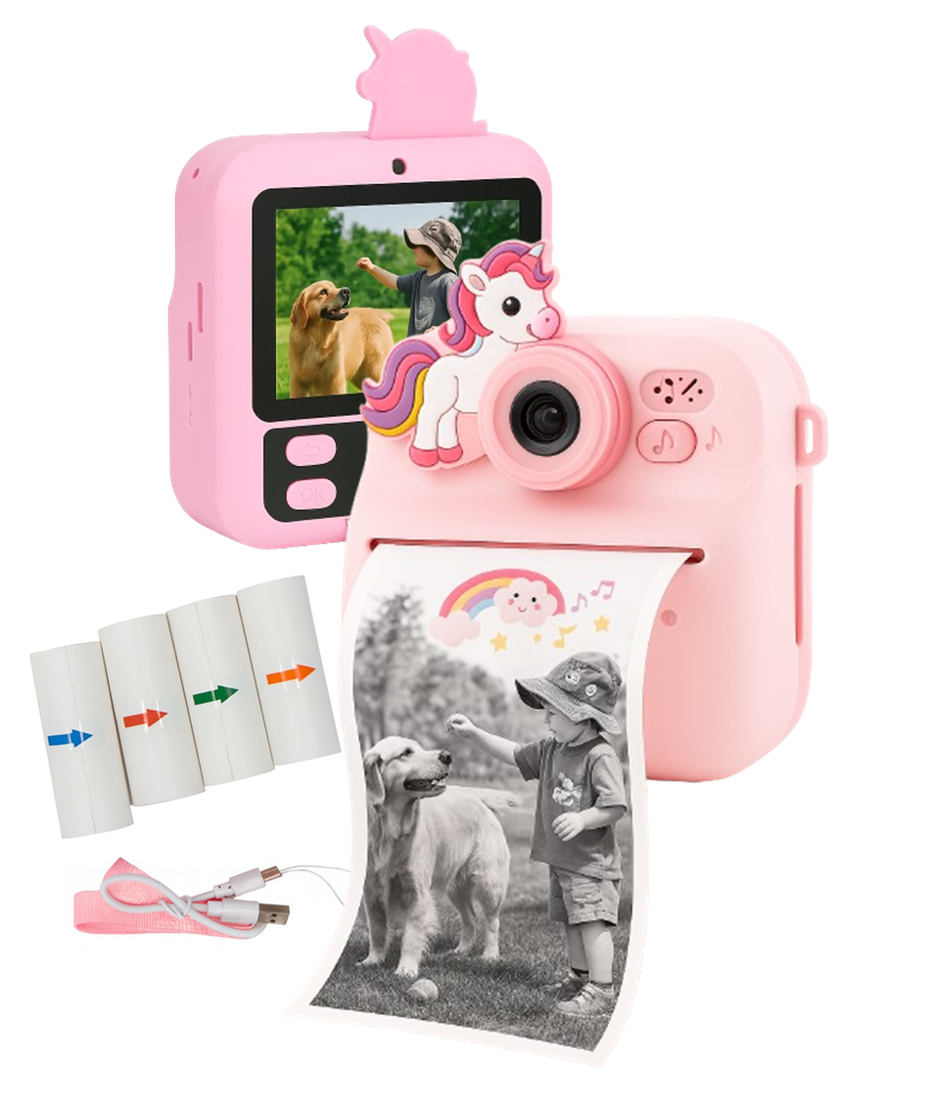 Cámara Infantil Instantánea Abuyita con Impresión Térmica, Juegos y Pantalla LCD 2.4''- Modelo Unicornio Rosado