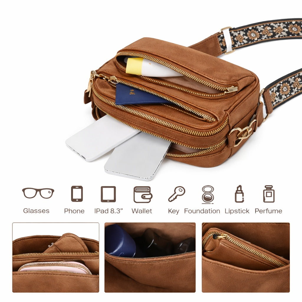 Bolso Bandolera para Mujer, Color Marrón, con Cinta Ajustable Estampada y Colgante Artesanal