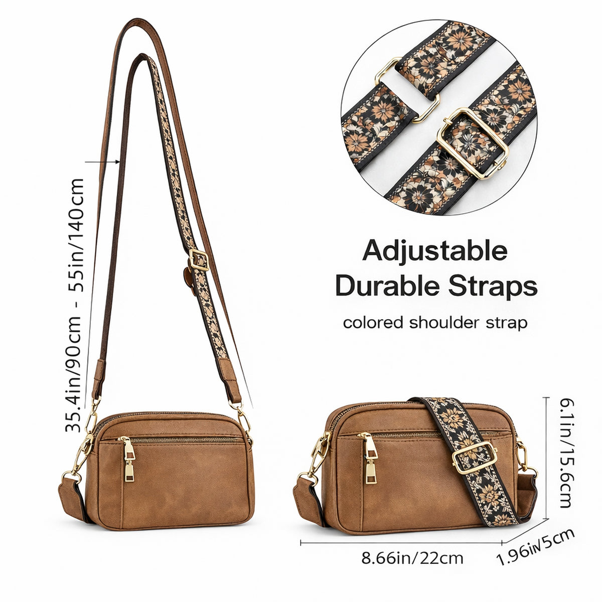 Bolso Bandolera para Mujer, Color Marrón, con Cinta Ajustable Estampada y Colgante Artesanal