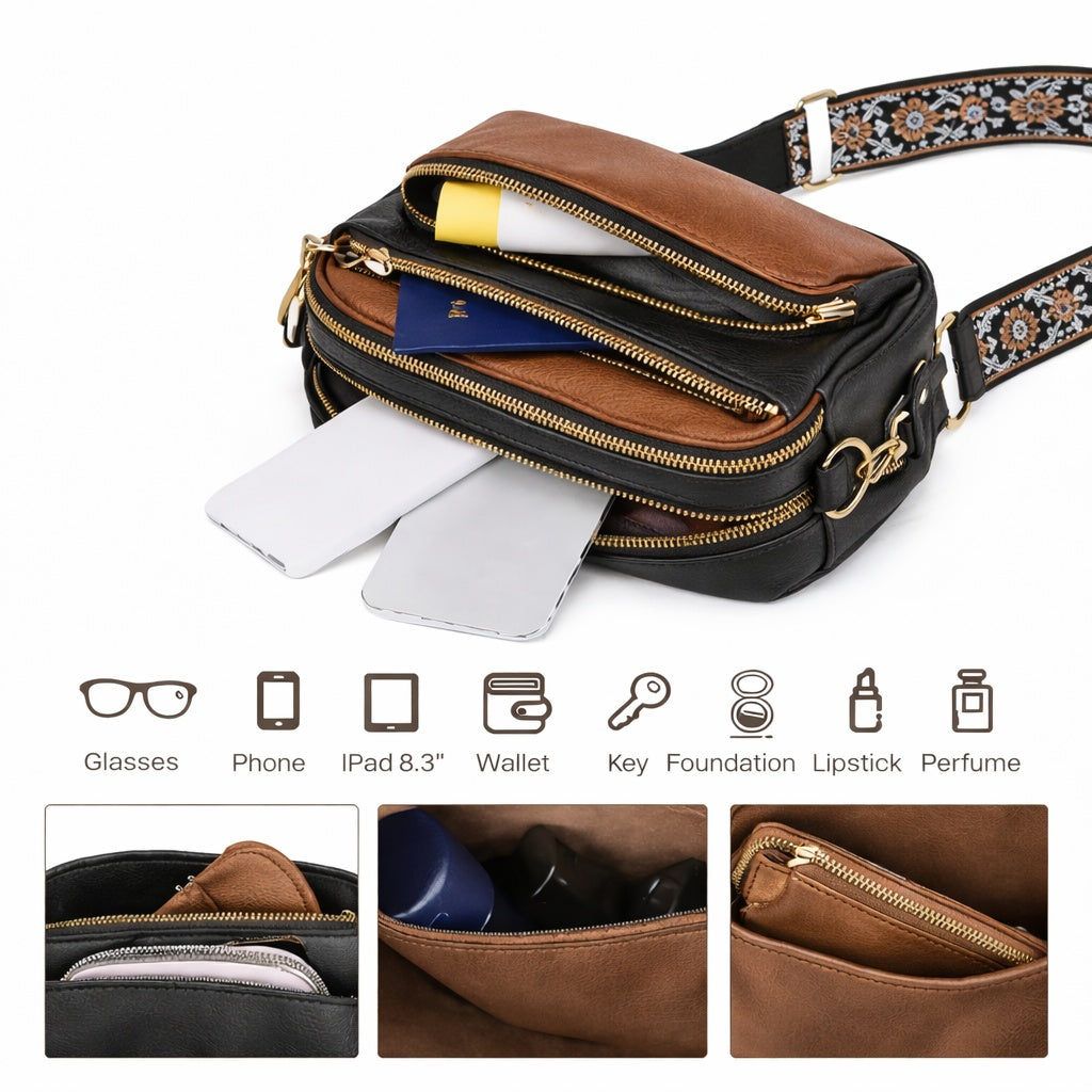 Bolso Bandolera para Mujer, Color Negro con Correa Ajustable Estampada a Juego y Colgante Artesanal
