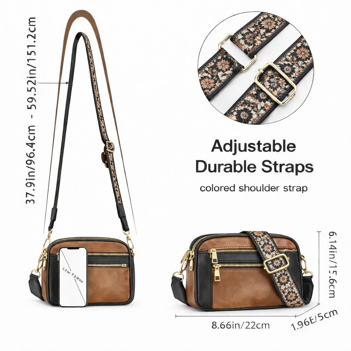 Bolso Bandolera para Mujer, Marrón y Negro
