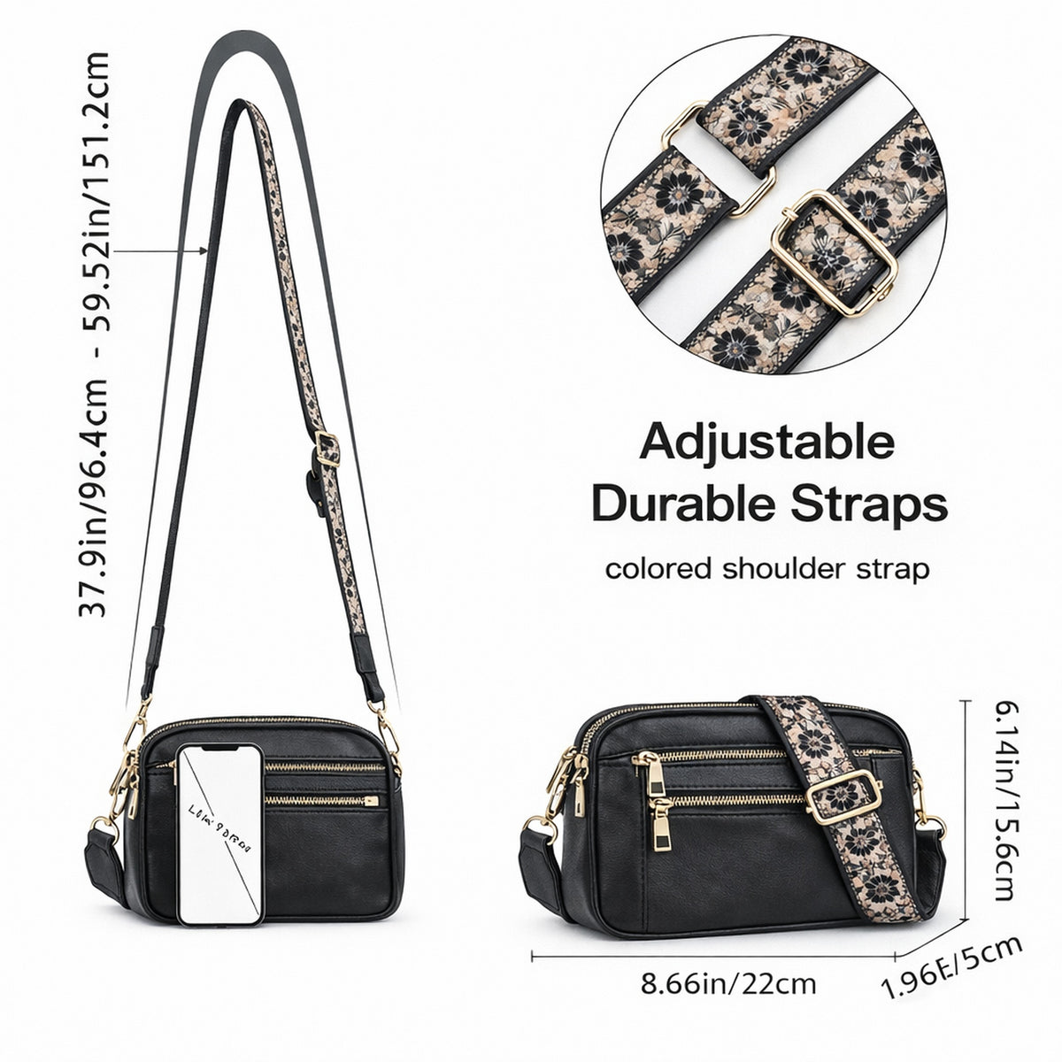 Bolso Bandolera para Mujer, Color Negro con Correa Ajustable Estampada a Juego y Colgante Artesanal