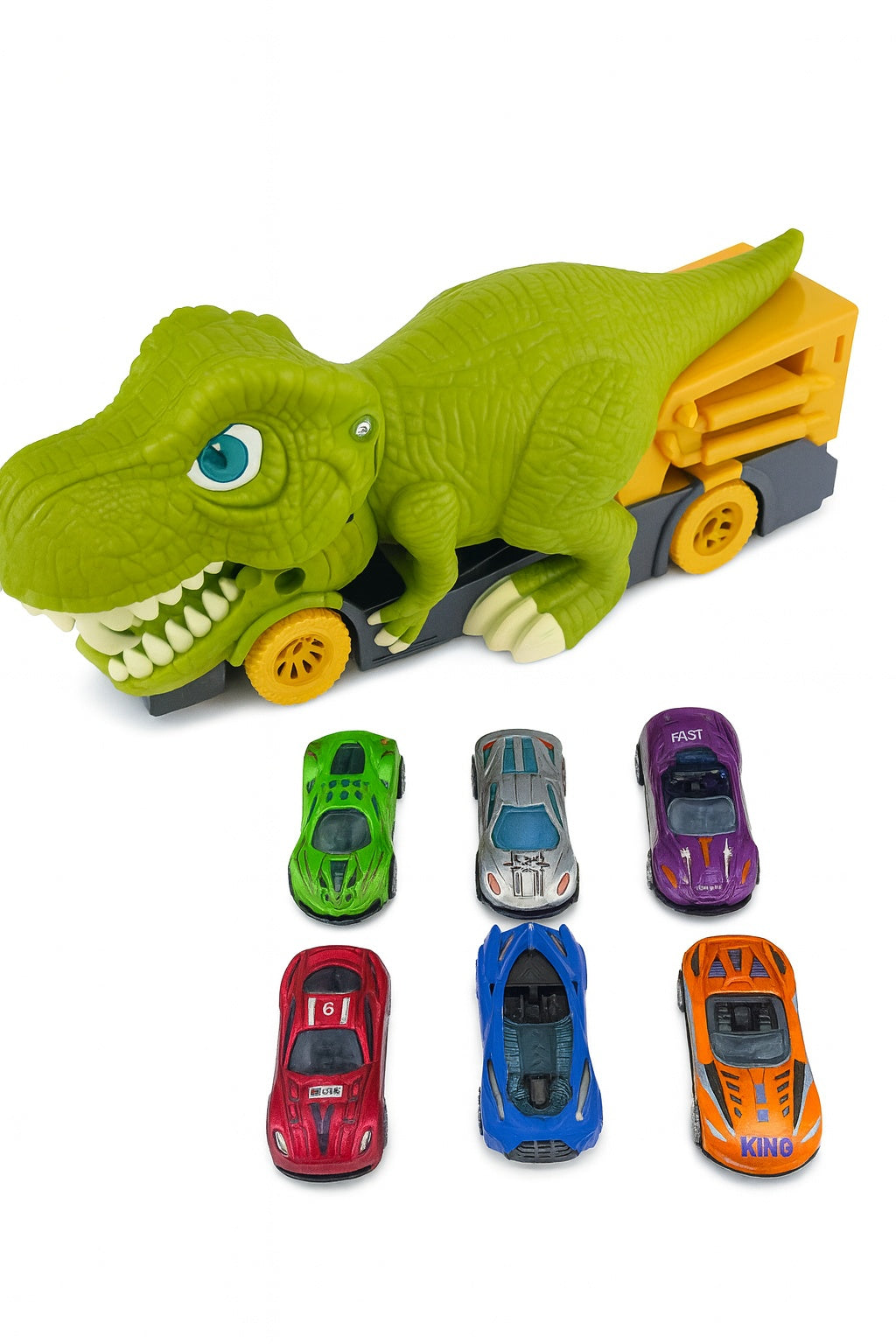 Dinosaurio Come-Carritos con 6 Coches Deportivos + Alfombrilla de Juego – ¡Diversión Imparable!