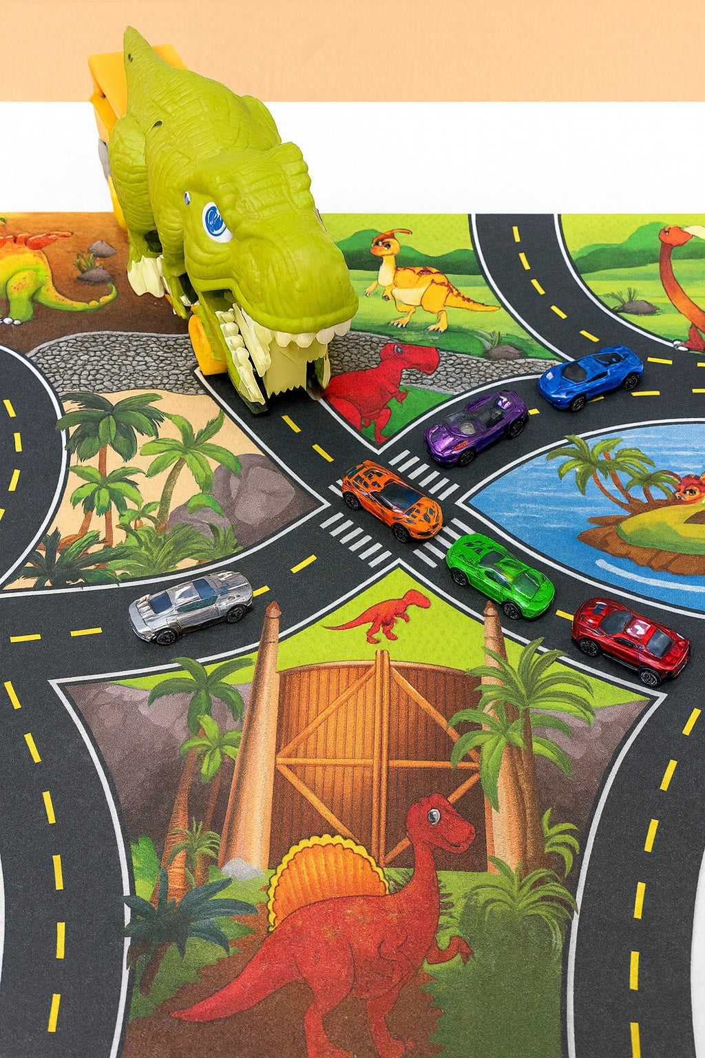 Dinosaurio Come-Carritos con 6 Coches Deportivos + Alfombrilla de Juego – ¡Diversión Imparable!