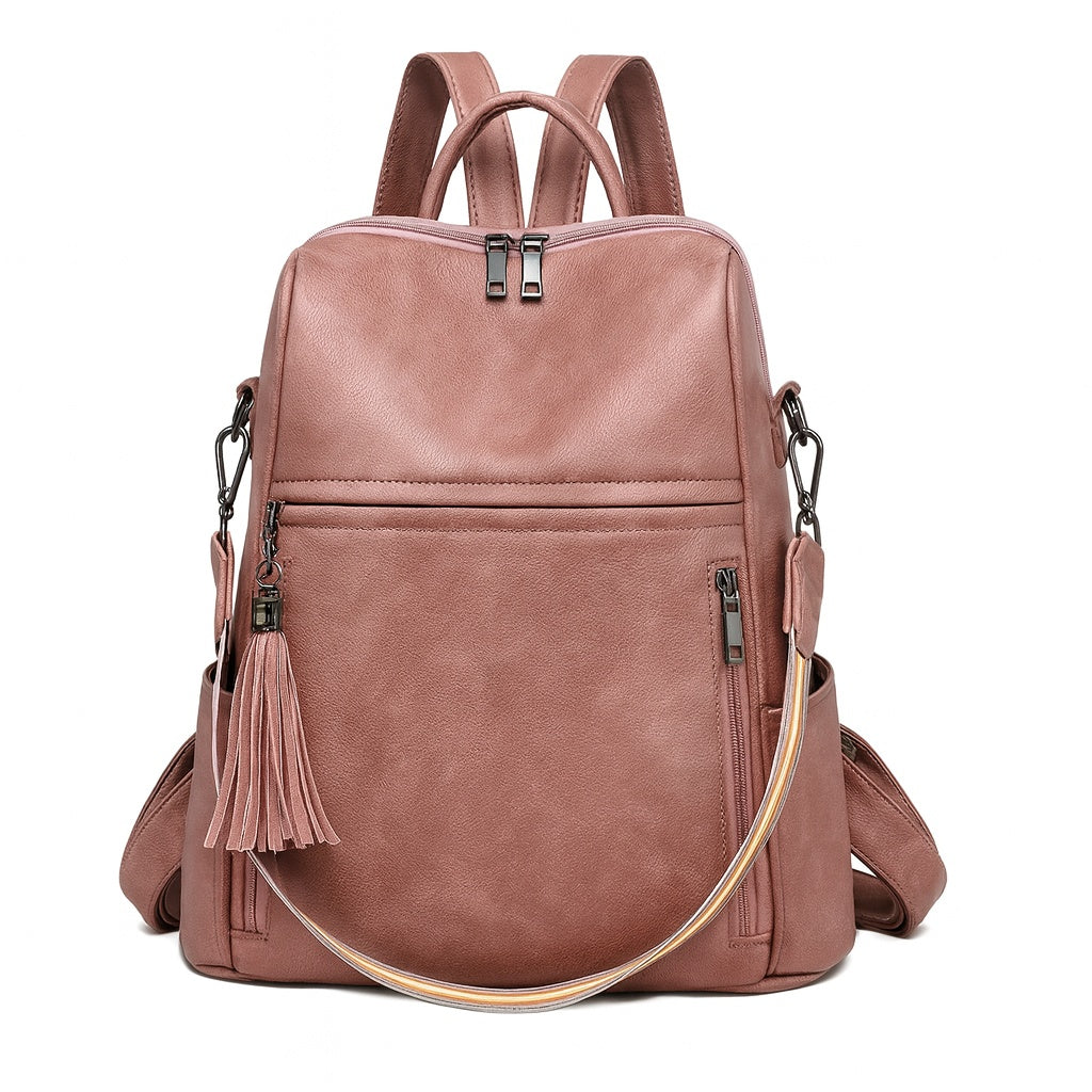 Mochila de Mujer Abuyita – Retro, Casual y Multifuncional en Cuero PU Color Rosaseo, con Gran Capacidad y Bandolera Incluida