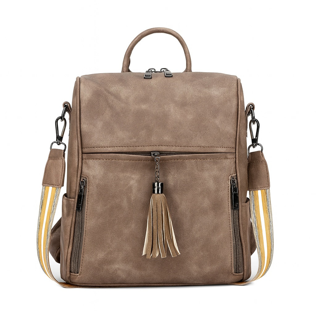Mochila de Mujer Abuyita – Retro, Casual y Multifuncional en Cuero PU color Taupe, con Gran Capacidad y Bandolera Incluida