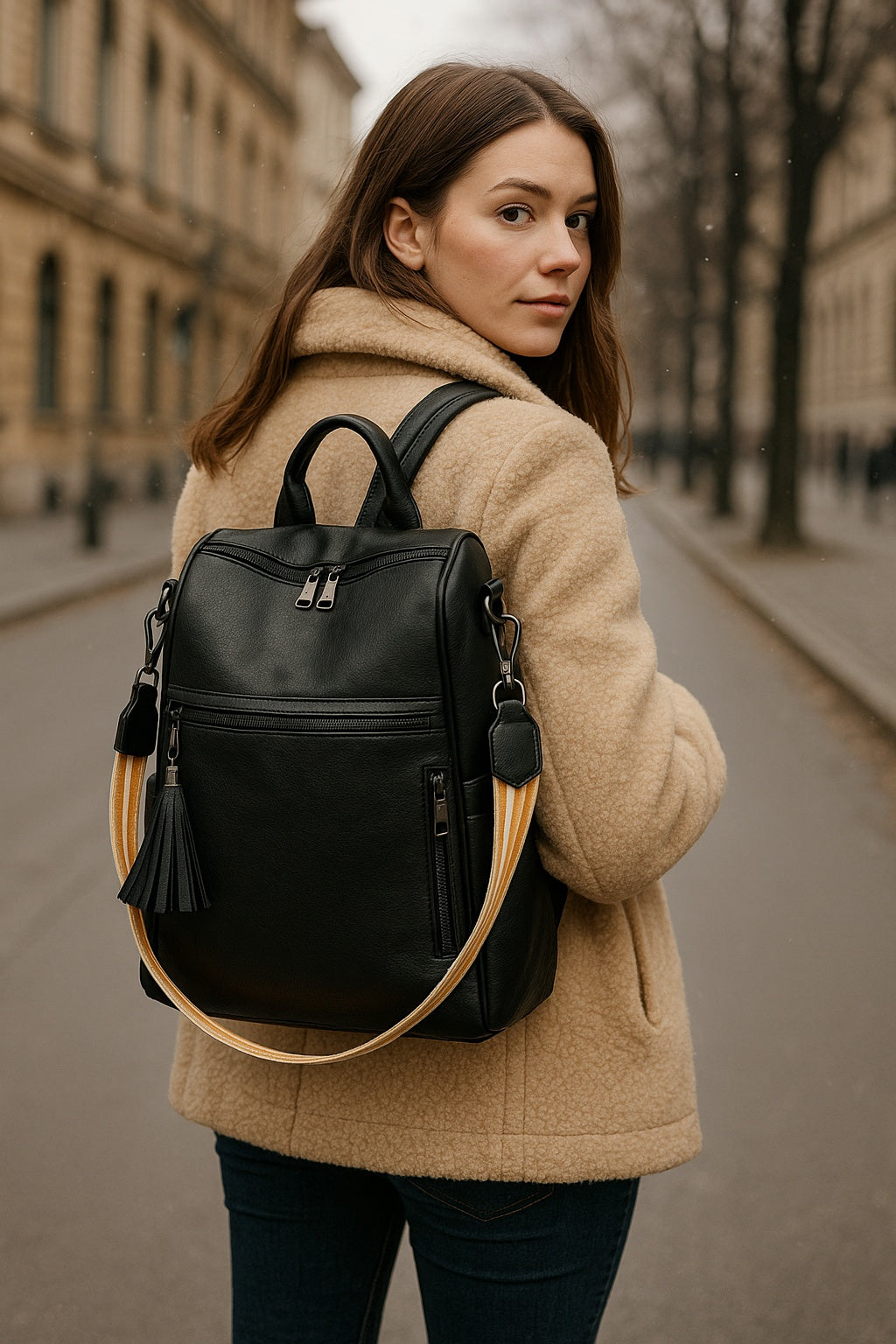 Mochila de Mujer Abuyita – Retro, Casual y Multifuncional en Cuero PU color Negro, con Gran Capacidad y Bandolera Incluida