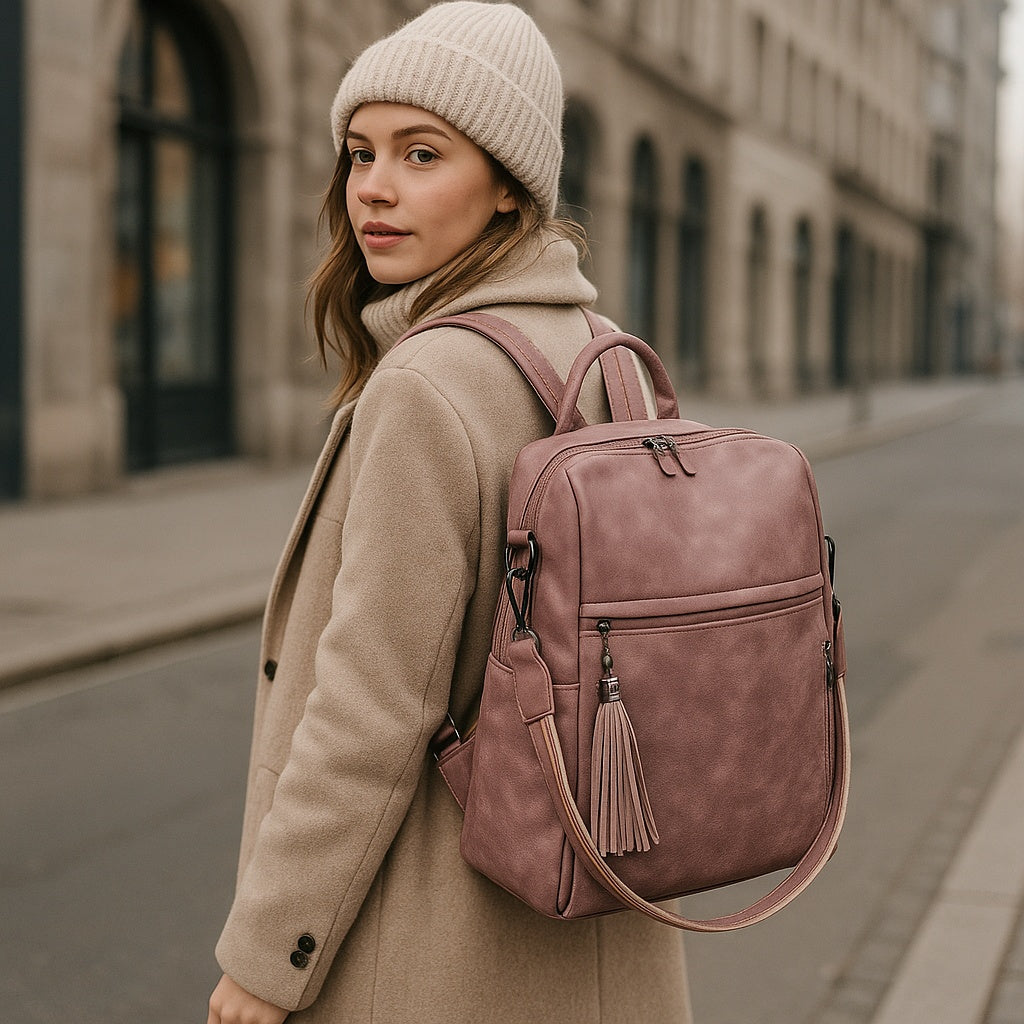 Mochila de Mujer Abuyita – Retro, Casual y Multifuncional en Cuero PU Color Rosaseo, con Gran Capacidad y Bandolera Incluida