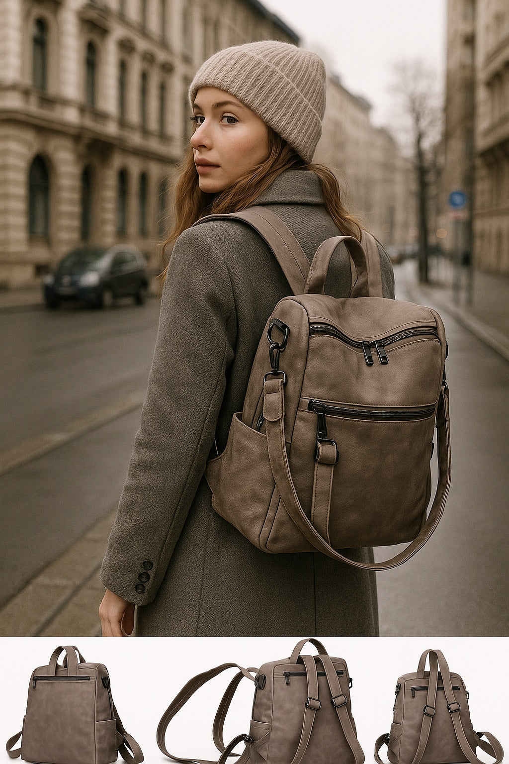 Mochila de Mujer Abuyita – Retro, Casual y Multifuncional en Cuero PU color Taupe, con Gran Capacidad y Bandolera Incluida